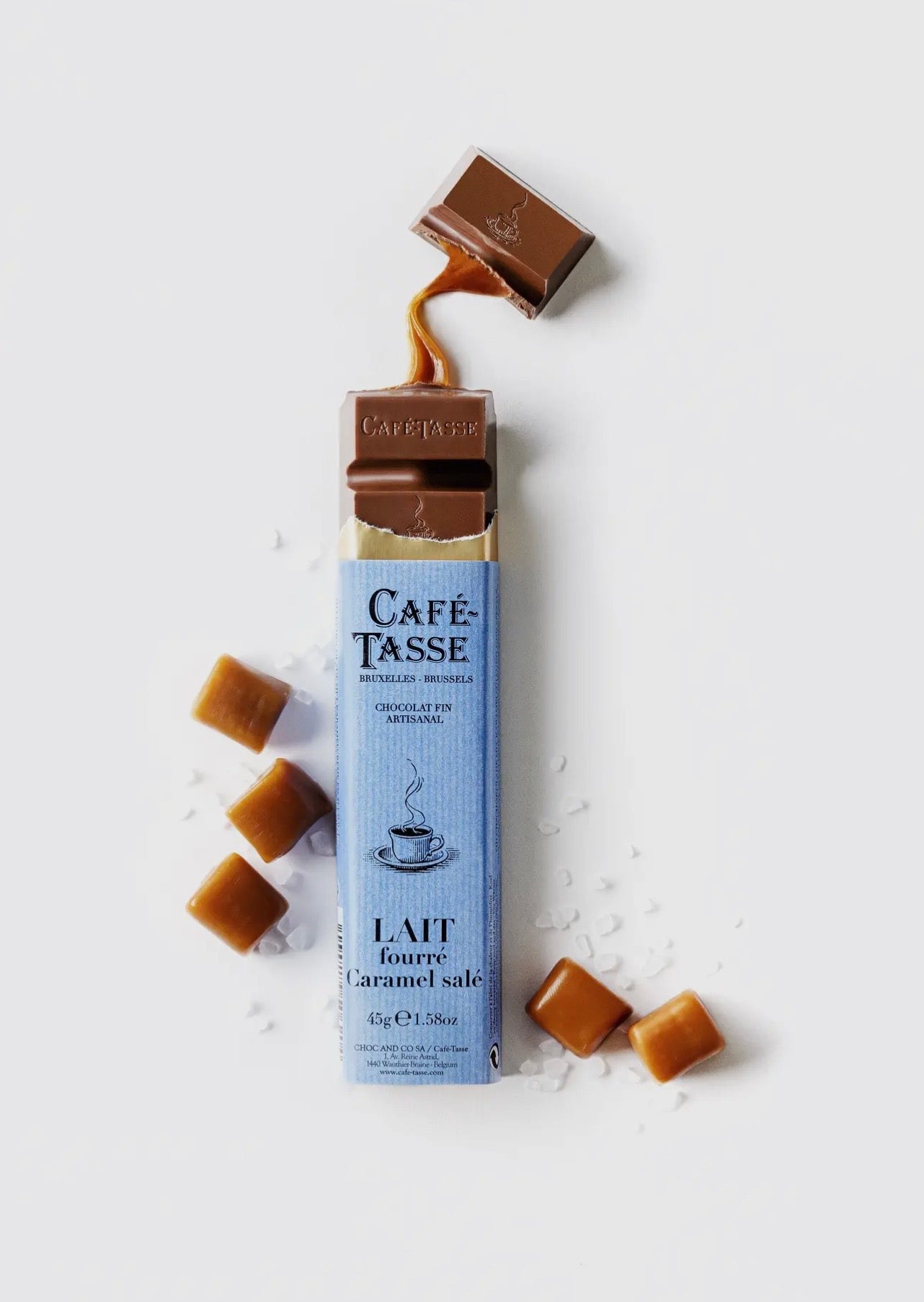 Melkchocolade 38% cacao met salted caramel vulling”