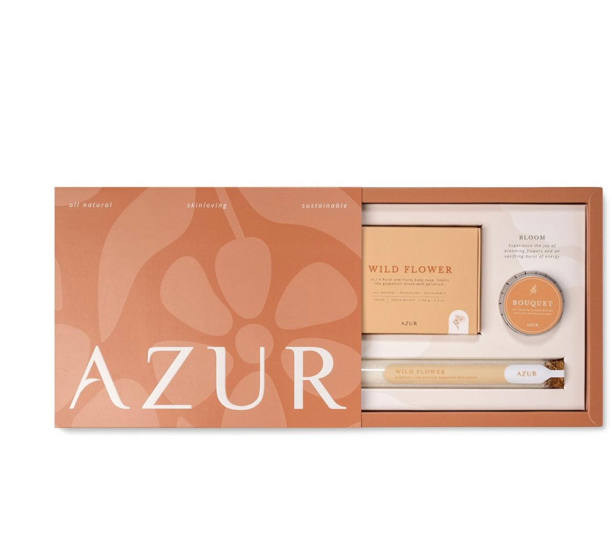 BLOOM zelfzorg set met natuurlijke zeep, lippenbalsem en badzout in duurzame geschenkdoos