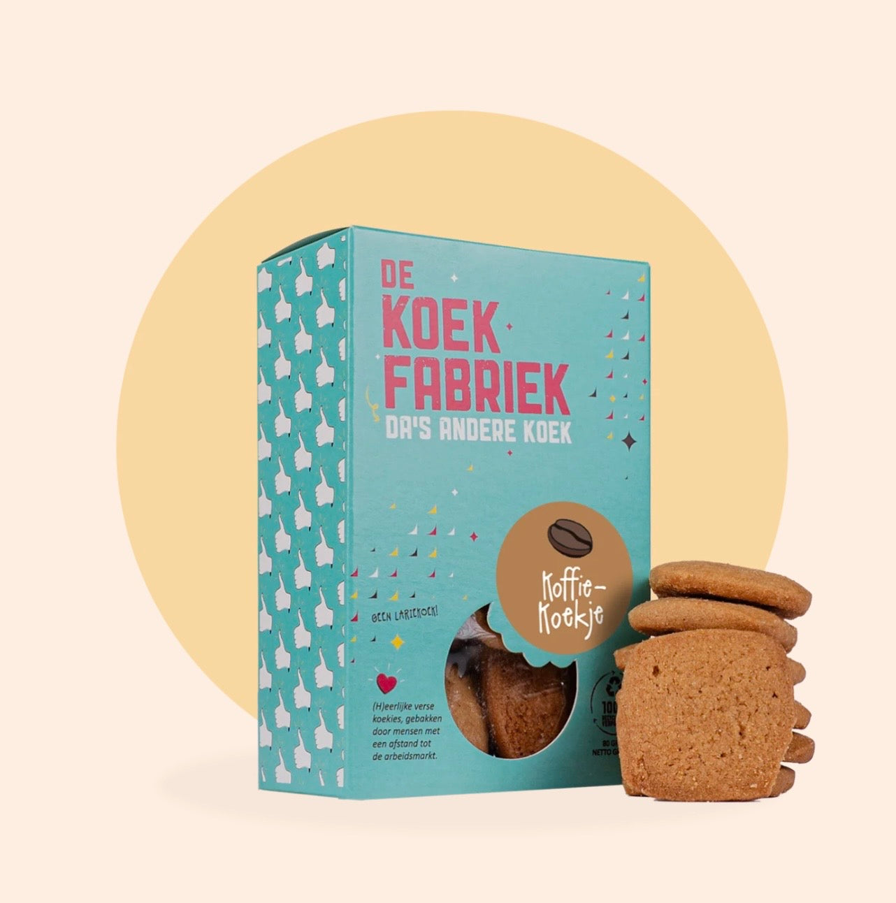 De Koekfabriek koffie koekjes in luxe verpakking op witte achtergrond.