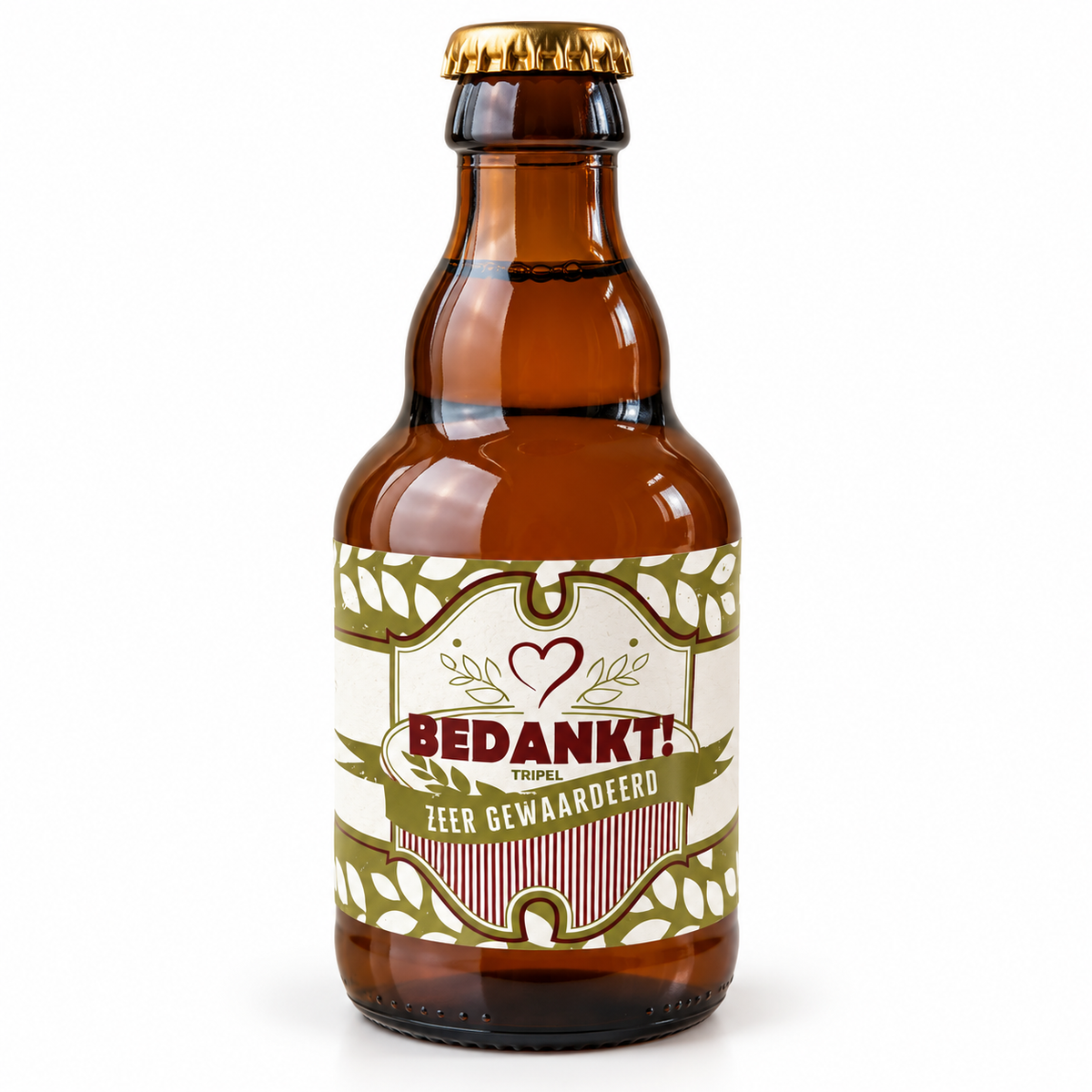 Bruine fles Tripel bier met crèmekleurig en olijfgroen etiket met de tekst Bedankt! Zeer gewaardeerd