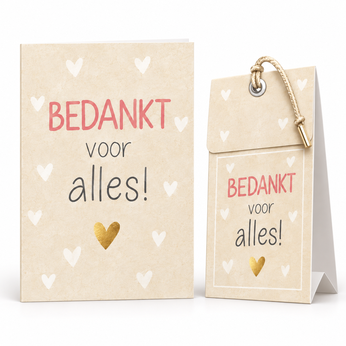 Geurende wenskaart met cadeautasje ‘Bedankt voor alles!’ met gouden hartjes en beige design.