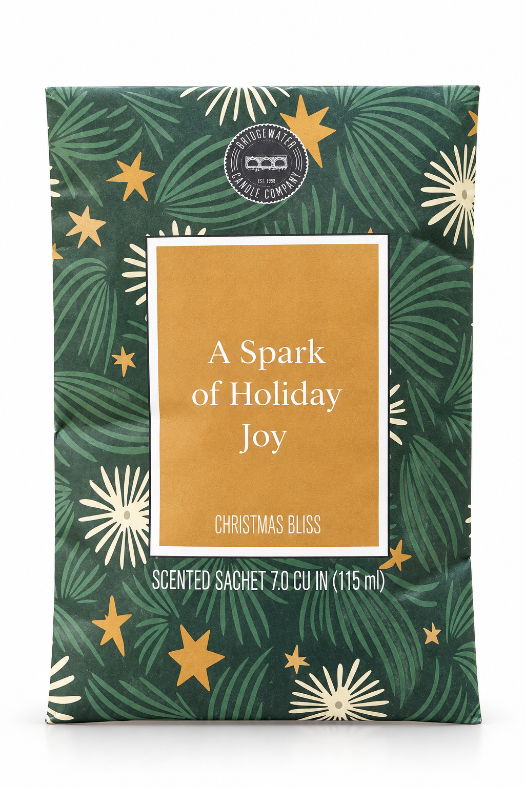Bridgewater Christmas Bliss geurzakje met donkergroene verpakking, gouden sterren en de tekst A Spark of Holiday Joy.