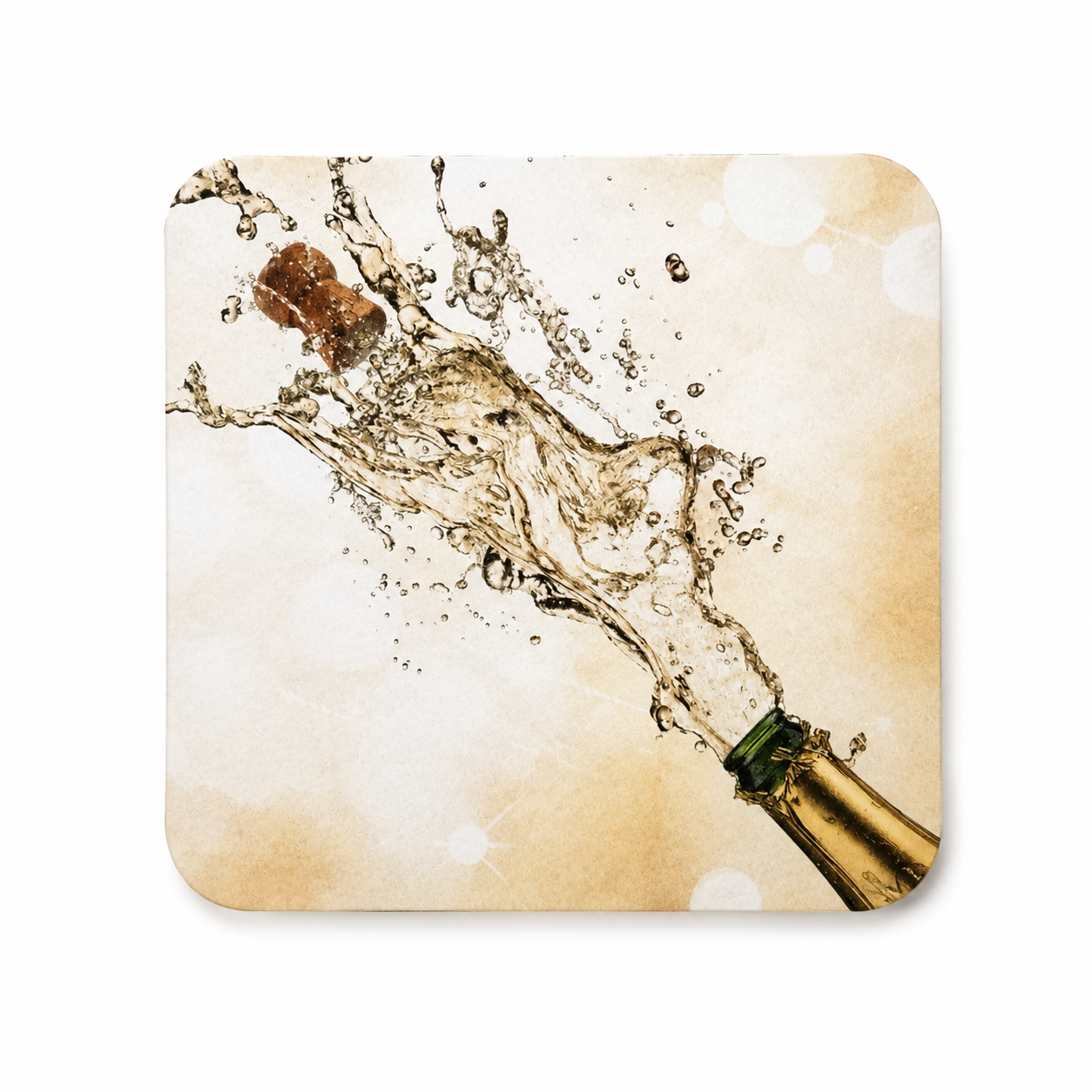 Champagne Splash onderzetter met champagnefles en spetterende bubbels