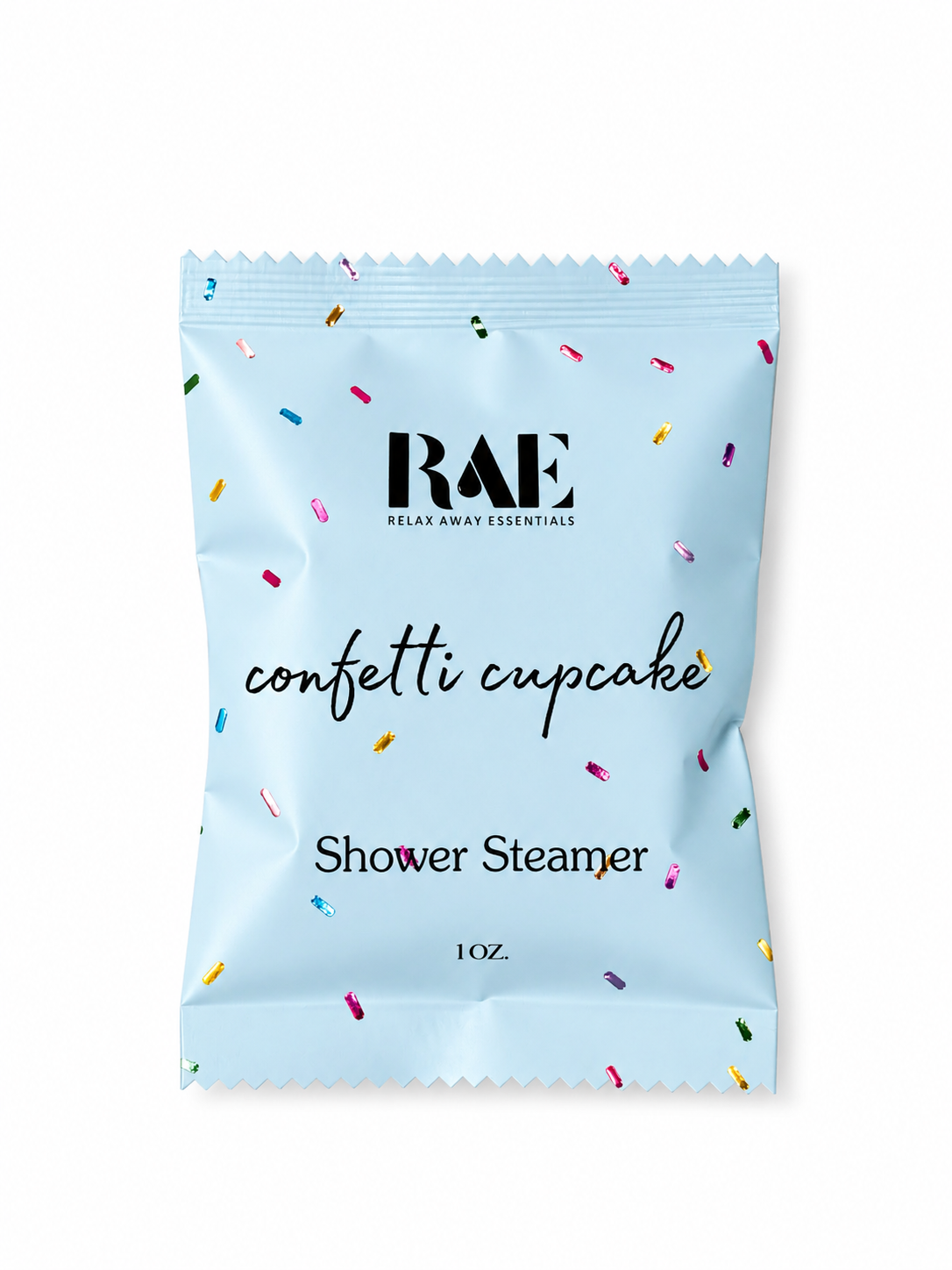 Confetti Cupcake Shower Steamer in pastelblauwe verpakking met kleurrijke confetti