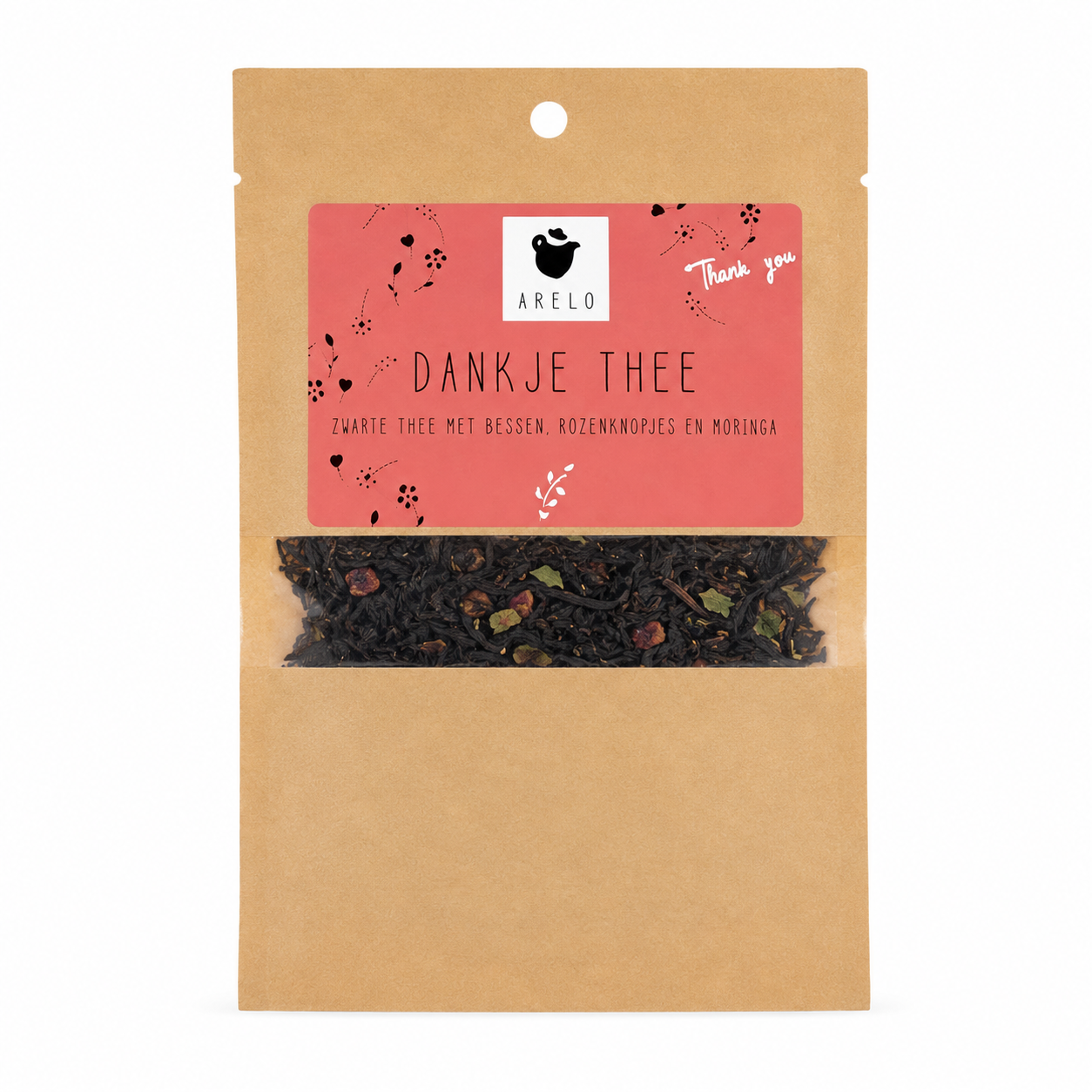 Dankje thee van Arelo met zwarte thee, bessen, rozenknopjes en moringa in kraft verpakking. Een origineel bedankje en stijlvolle toevoeging aan een cadeaubox