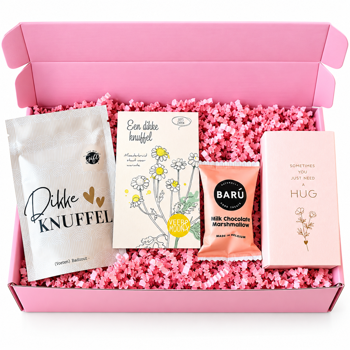 Dikke Knuffel cadeaubox met badzout, bloemzaadjes, marshmallow chocolade en Hug zeep