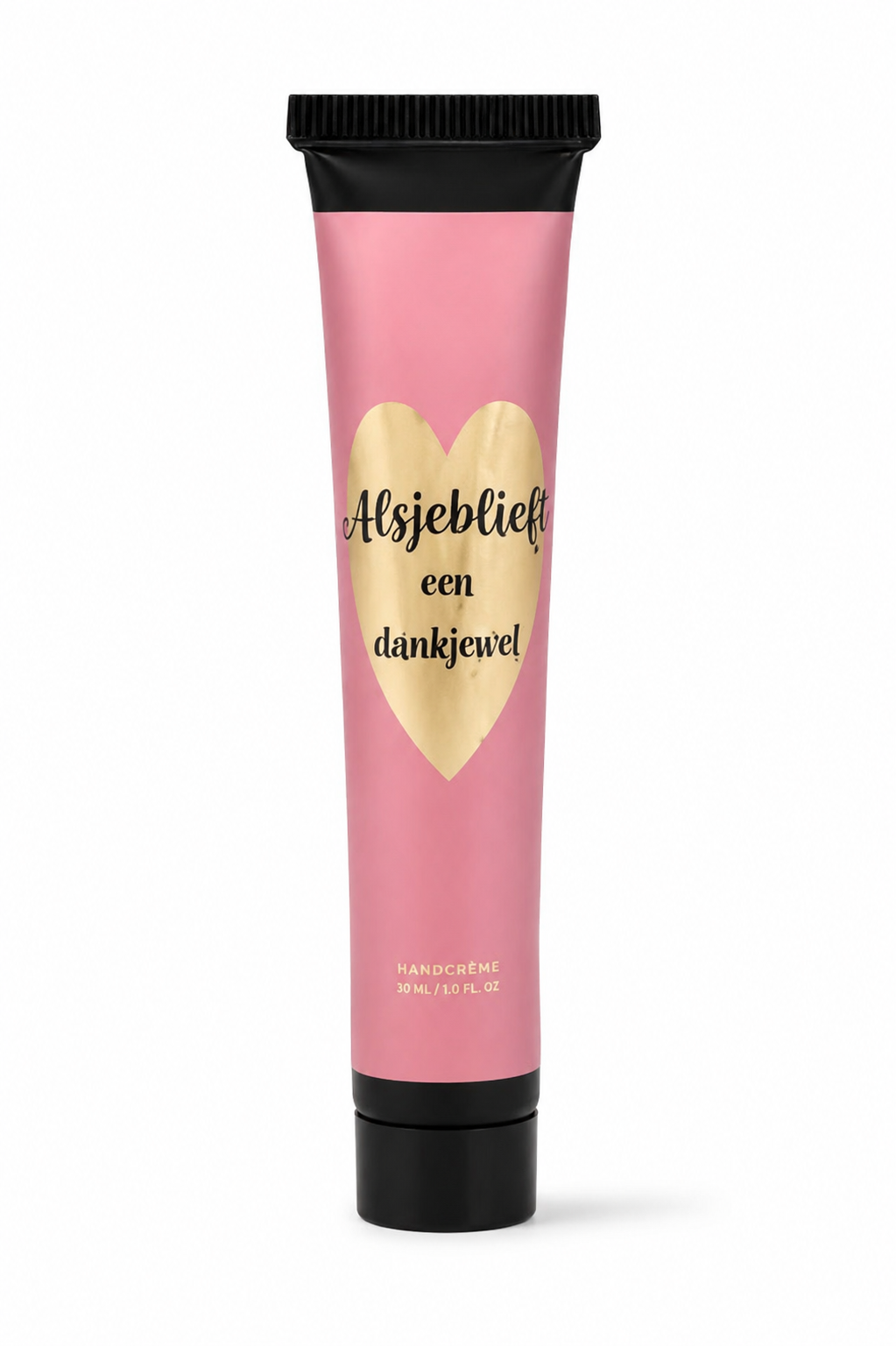 Roze handcrème met de tekst “Alsjeblieft een dankjewel” op een witte achtergrond – luxe bedankcadeau van The Prezzent.
