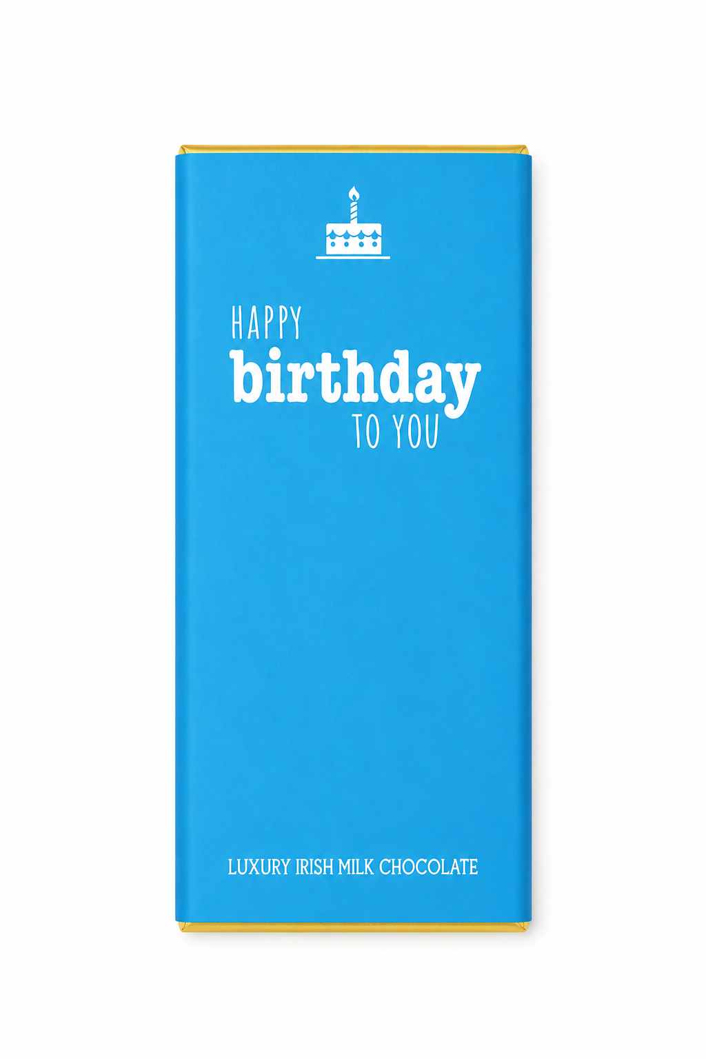Happy Birthday chocoladereep van luxe melkchocolade in blauwe cadeauverpakking.