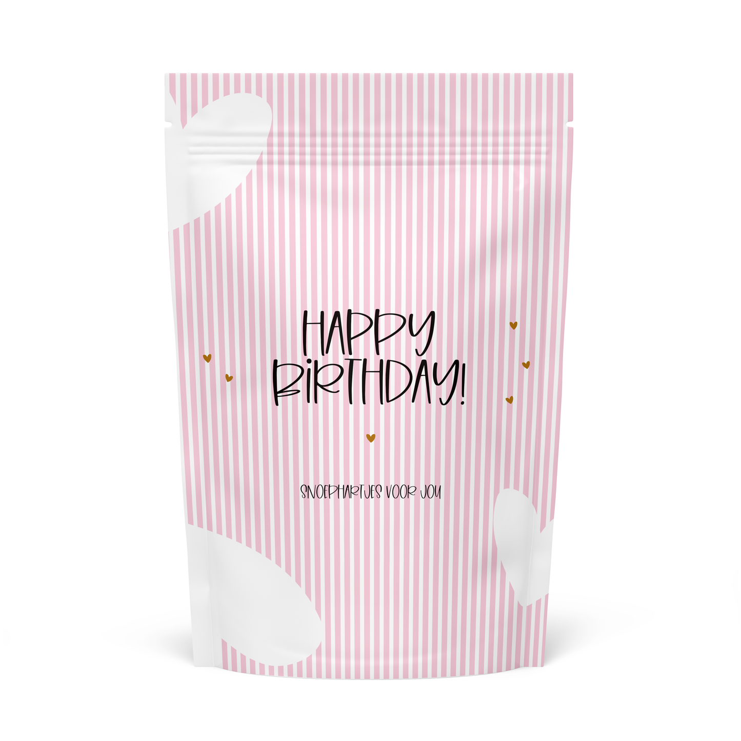 Happy Birthday roze zakje gevuld met hartjessnoepjes