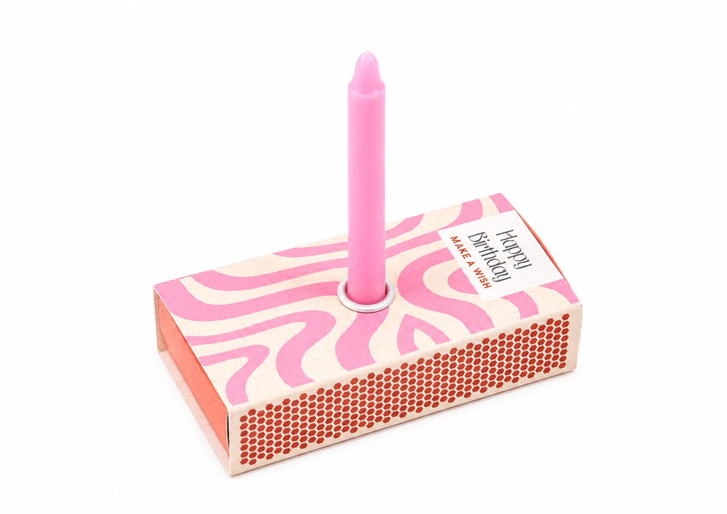 Happy Birthday Mini Candle Wish met roze verjaardagskaars in houder op luxe cadeauverpakking met witte achtergrond.