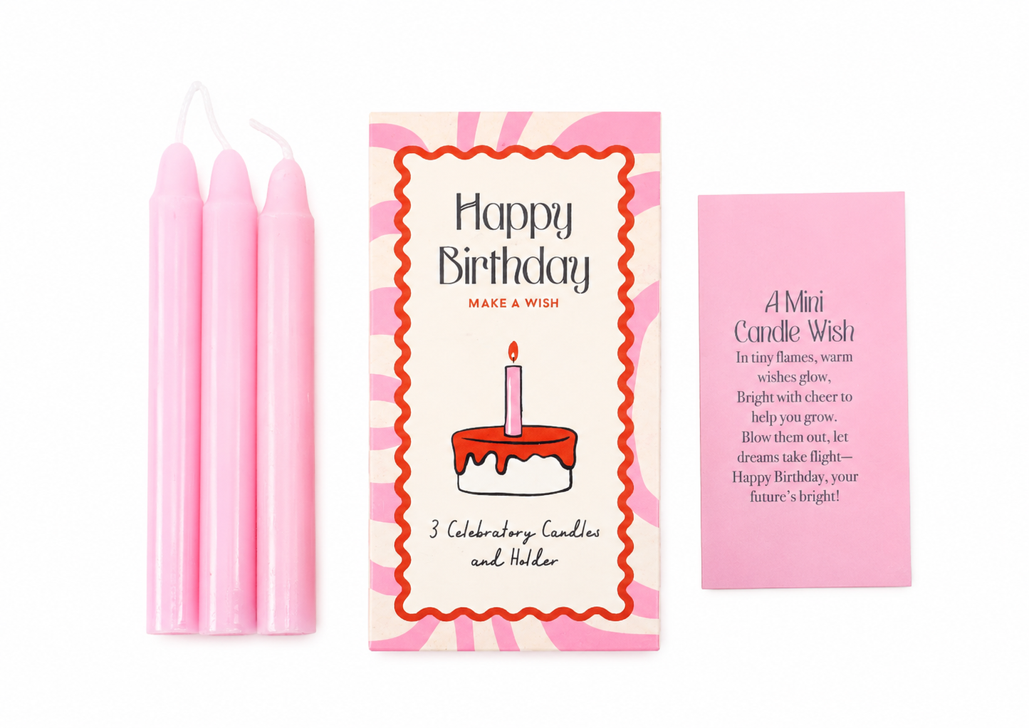 Happy Birthday Mini Candle Wish met drie roze verjaardagskaarsjes, kaarshouder en wenskaart in luxe cadeauverpakking.