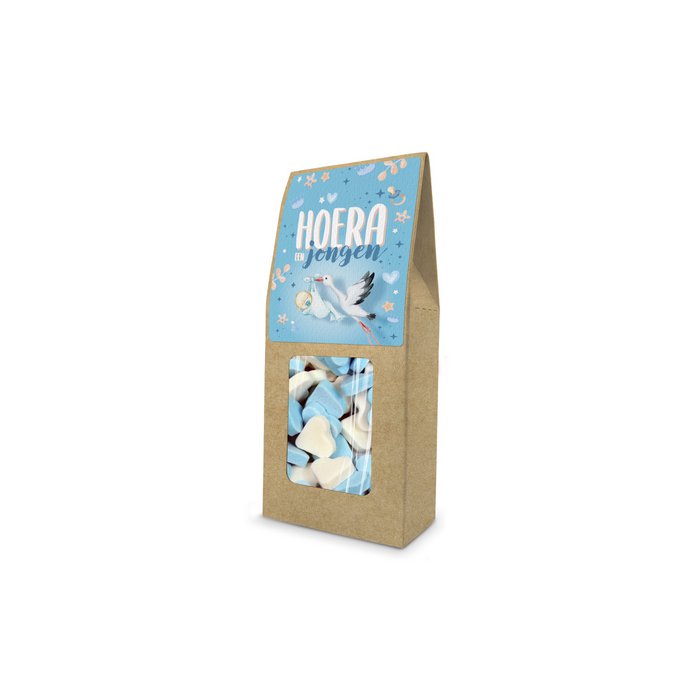 Hoera een jongen hartjes snoepjes blauw wit geboorte traktatie