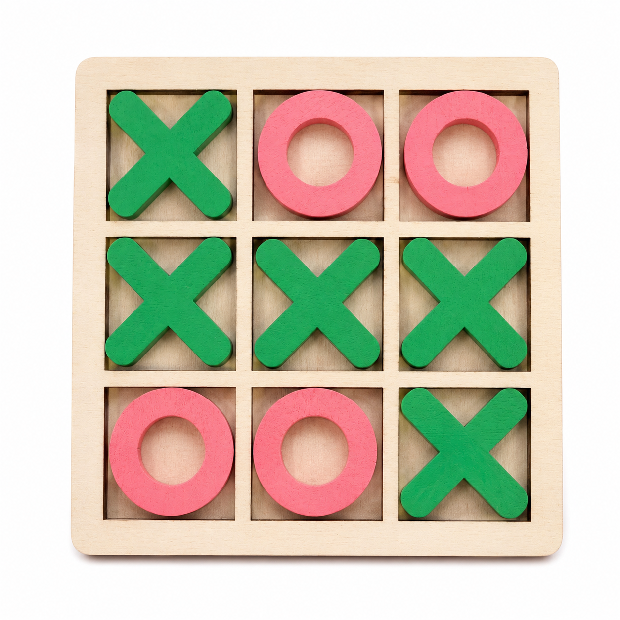 Houten boter kaas en eieren spel met groene kruisjes en roze rondjes