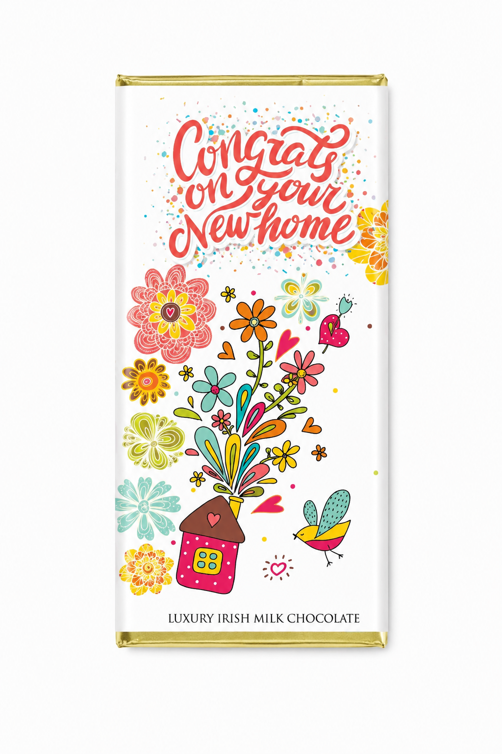Ierse melkchocolade met de tekst ‘Congrats on Your New Home’, luxe chocoladereep als origineel nieuw huis en housewarming cadeau.