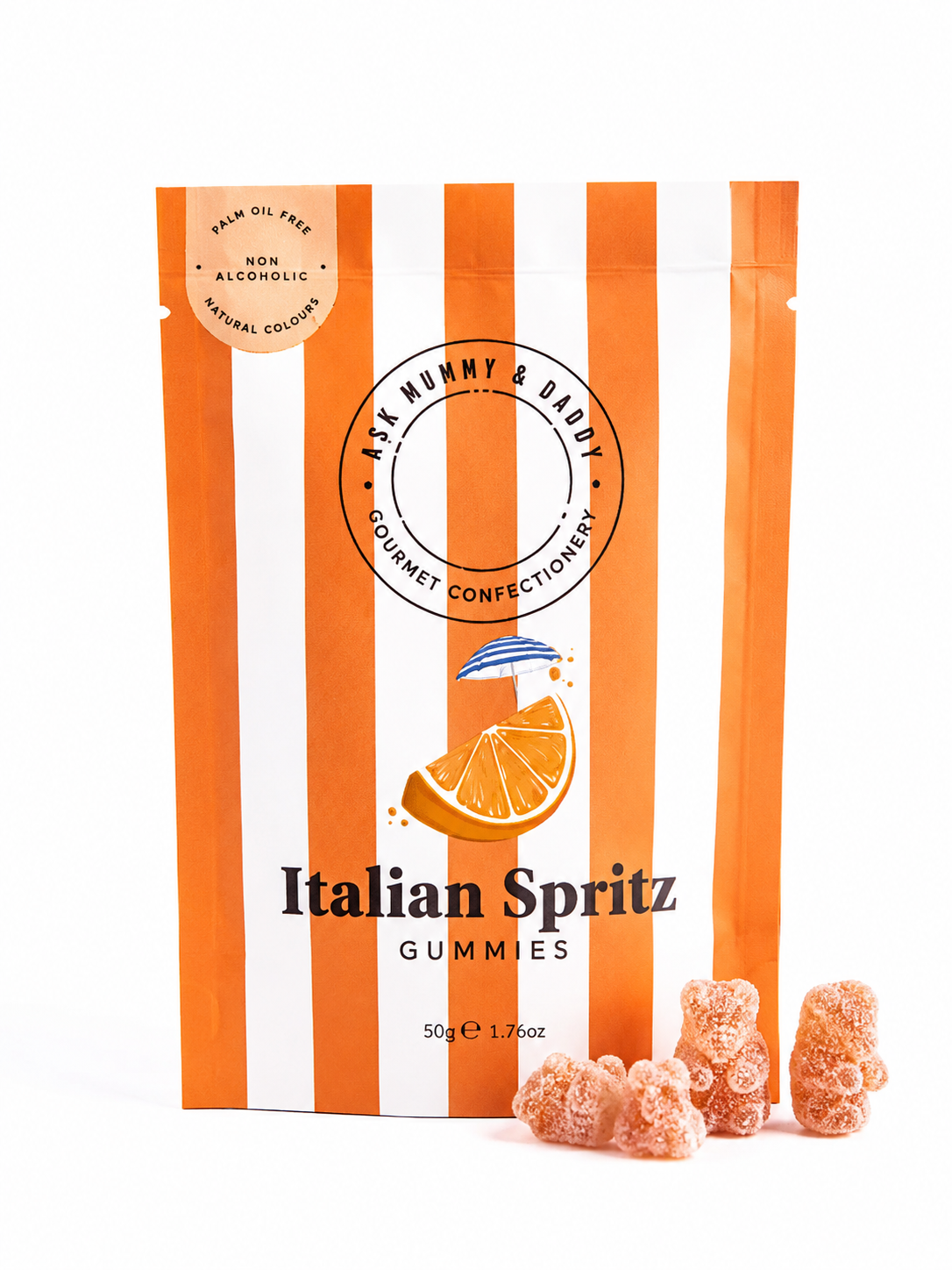 Italian Spritz Gummies van Ask Mummy & Daddy met frisse sinaasappelsmaak, alcoholvrij en palmolievrij op een witte achtergrond.