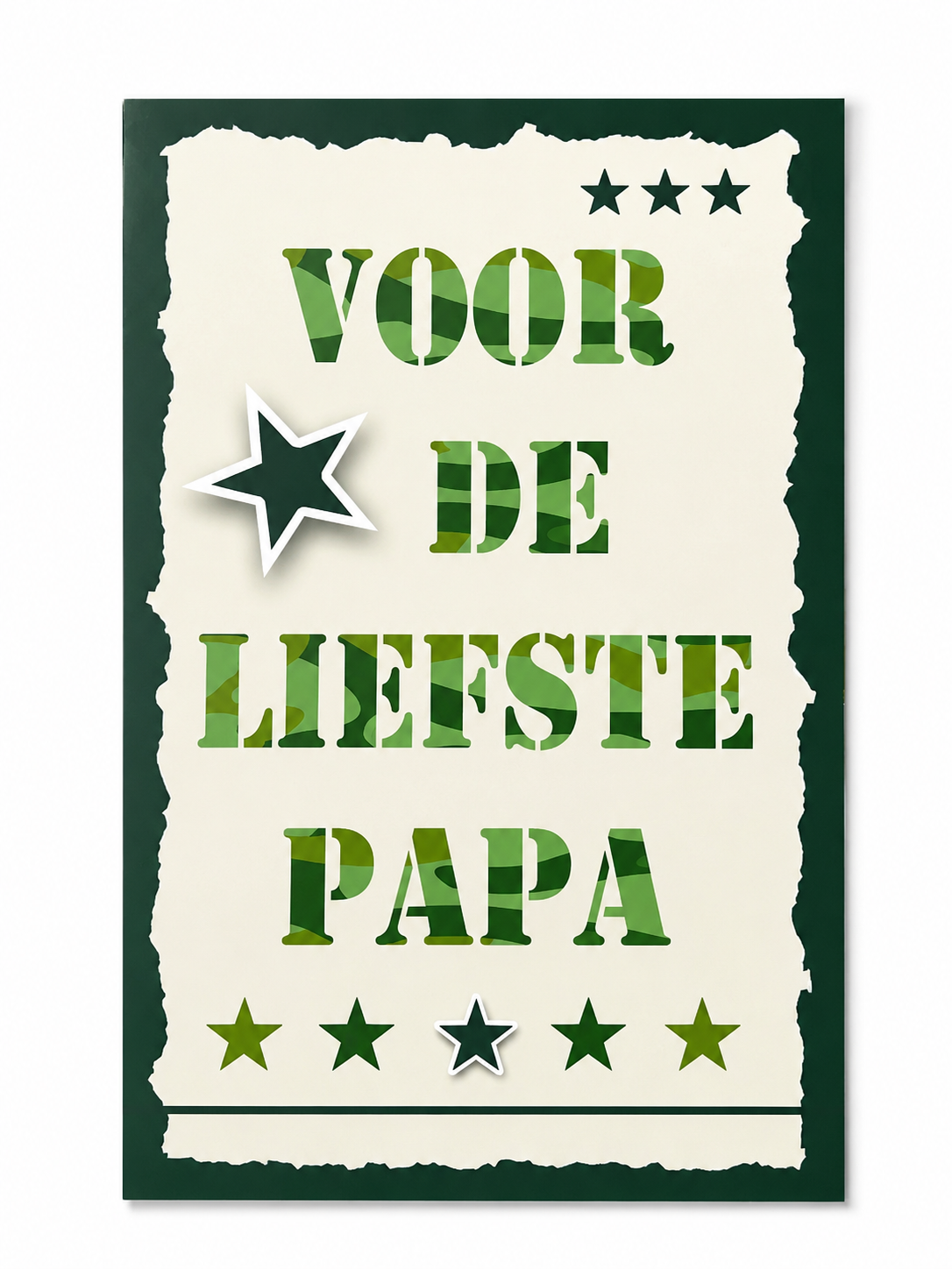 Stoere Vaderdagkaart voor de liefste papa met camouflageletters en sterren.