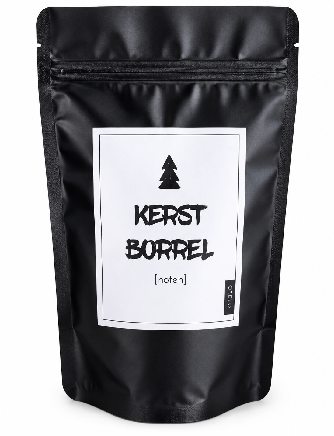Kerst Borrelnoten in luxe zwarte verpakking met feestelijk kerstlabel op witte achtergrond