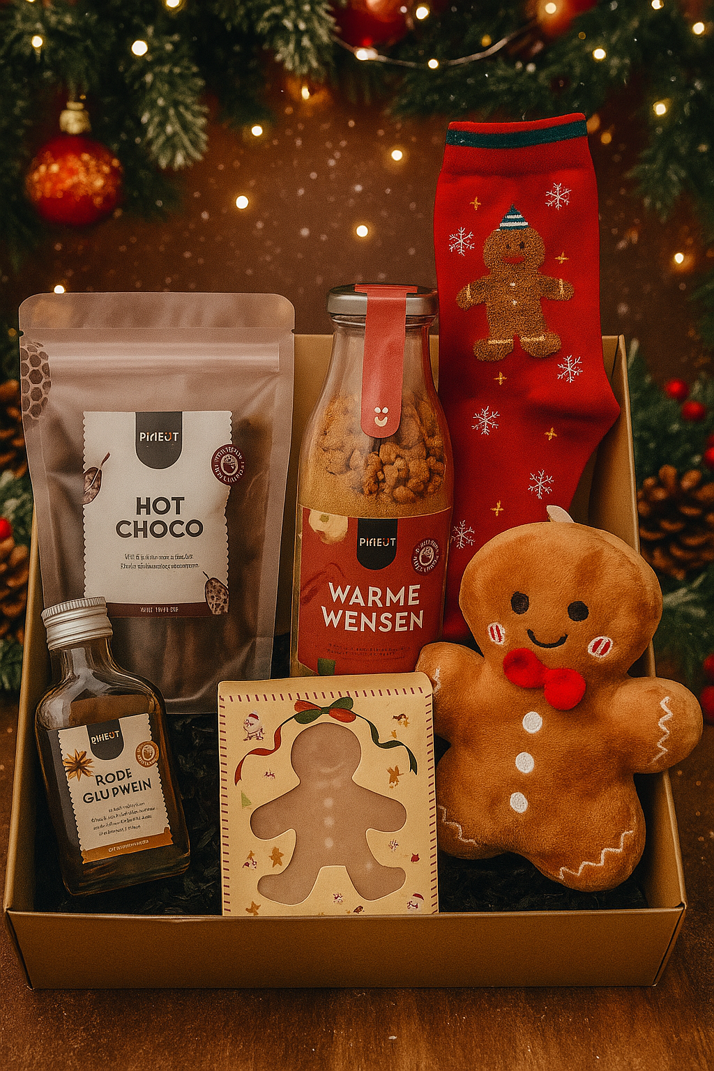 Kerstbox Gingerbread Rood met Pineut Hot Chocolate, Glühwein, Warme Wensen Cake, rode Gingerbread sokken, Koekenmannetje kaars en knuffel