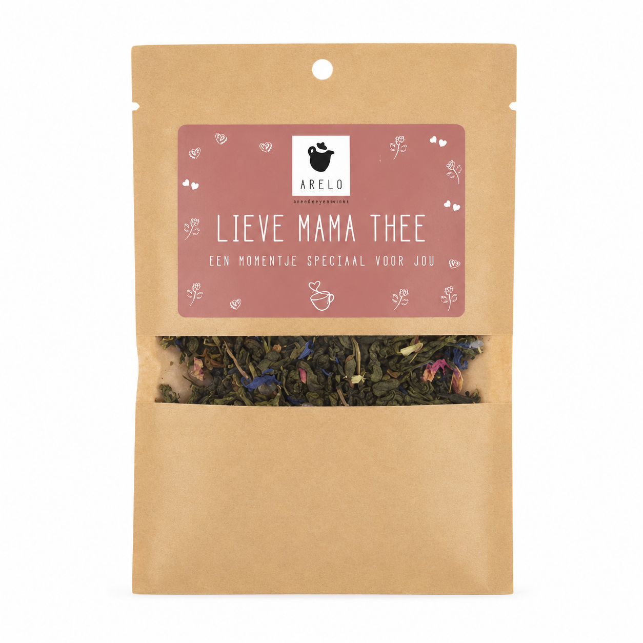 Lieve Mama Thee van Arelo in kraft verpakking met bloemenmelange, een liefdevol theecadeau voor moeder en een mooie toevoeging aan een cadeaubox