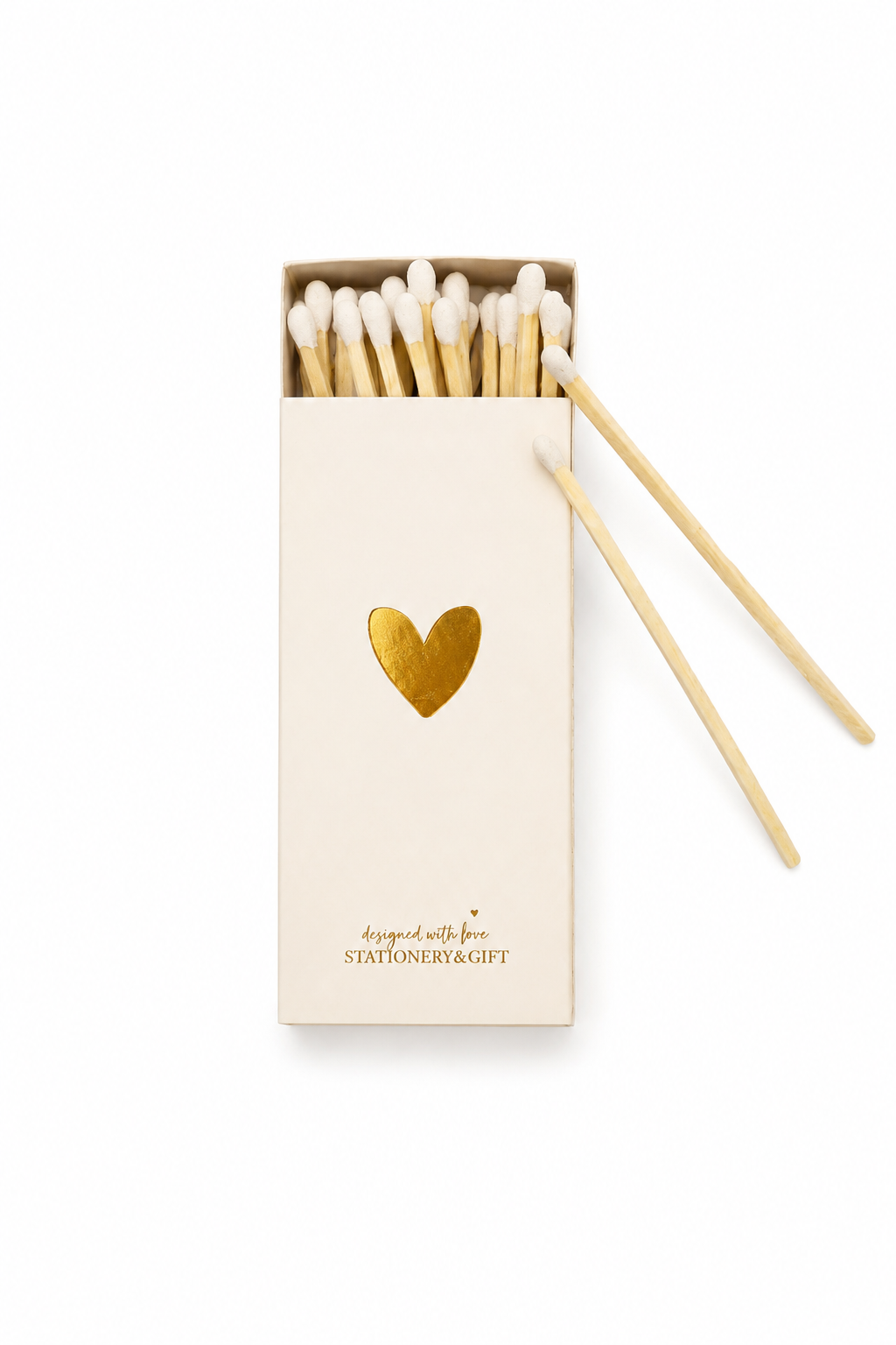 Luxe witte lucifers met gouden hart in stijlvolle cadeauverpakking voor geurkaarsen.