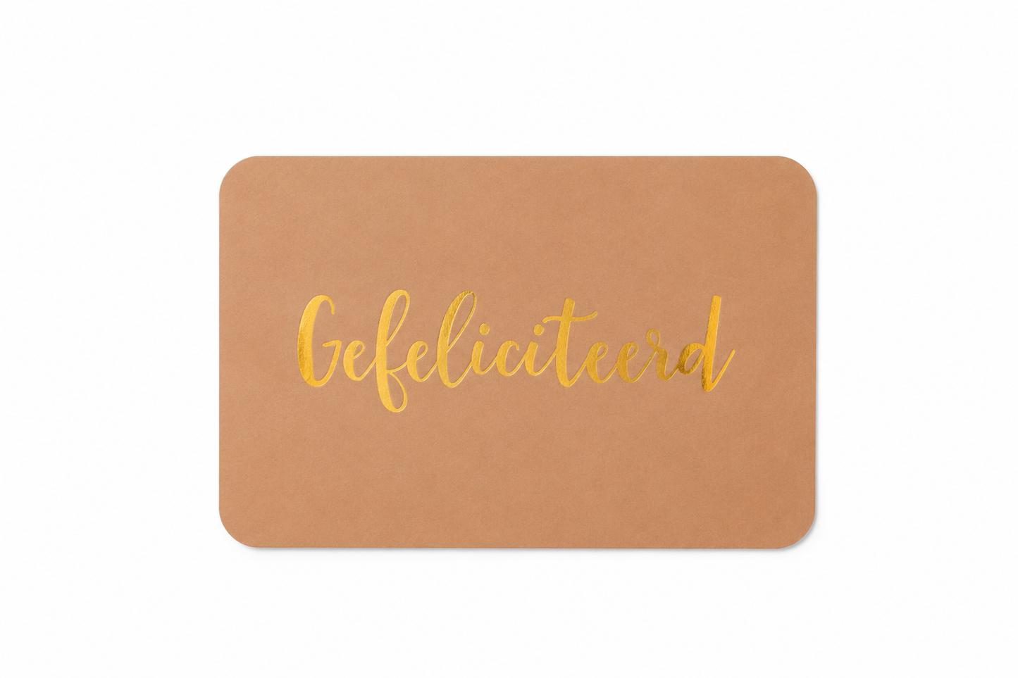 Mini kaartje Gefeliciteerd met goudkleurige tekst op een beige achtergrond voor cadeauboxen en cadeaus.