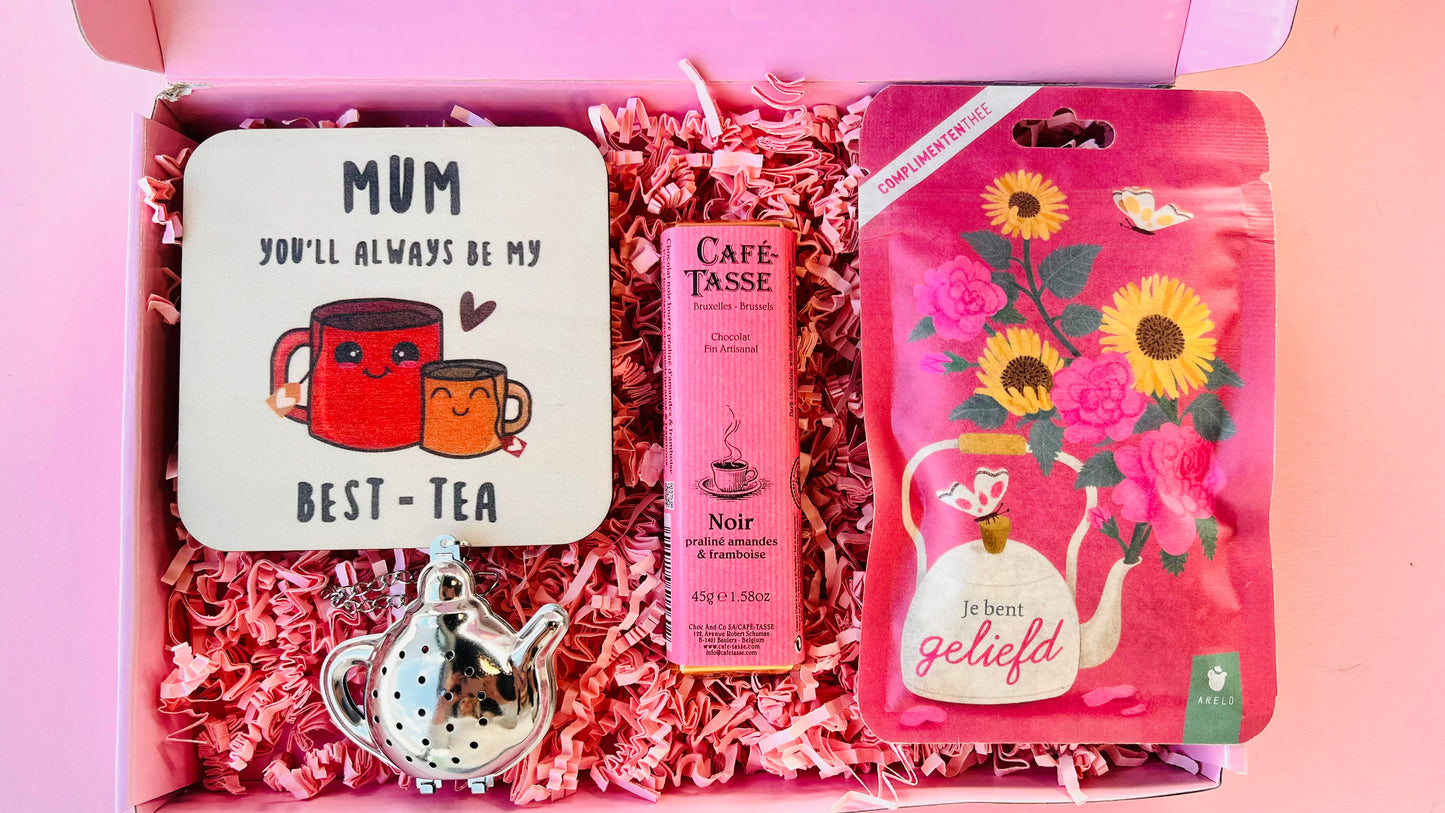 Moederdag brievenbus cadeau met best tea onderzetter, thee en chocolade