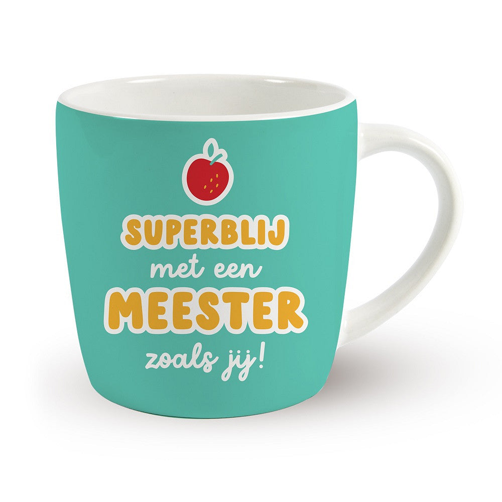 Turquoise mok met de tekst Superblij met een meester zoals jij, origineel cadeau voor meester aan het einde van het schooljaar.