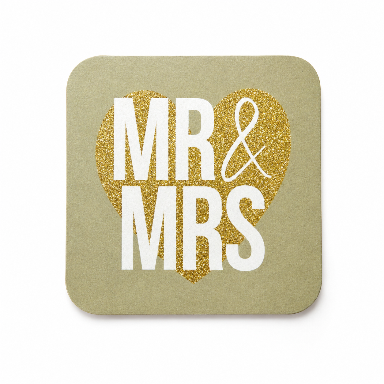 Mr & Mrs onderzetter van vilt met gouden hart als bruiloft cadeau voor bruidspaar