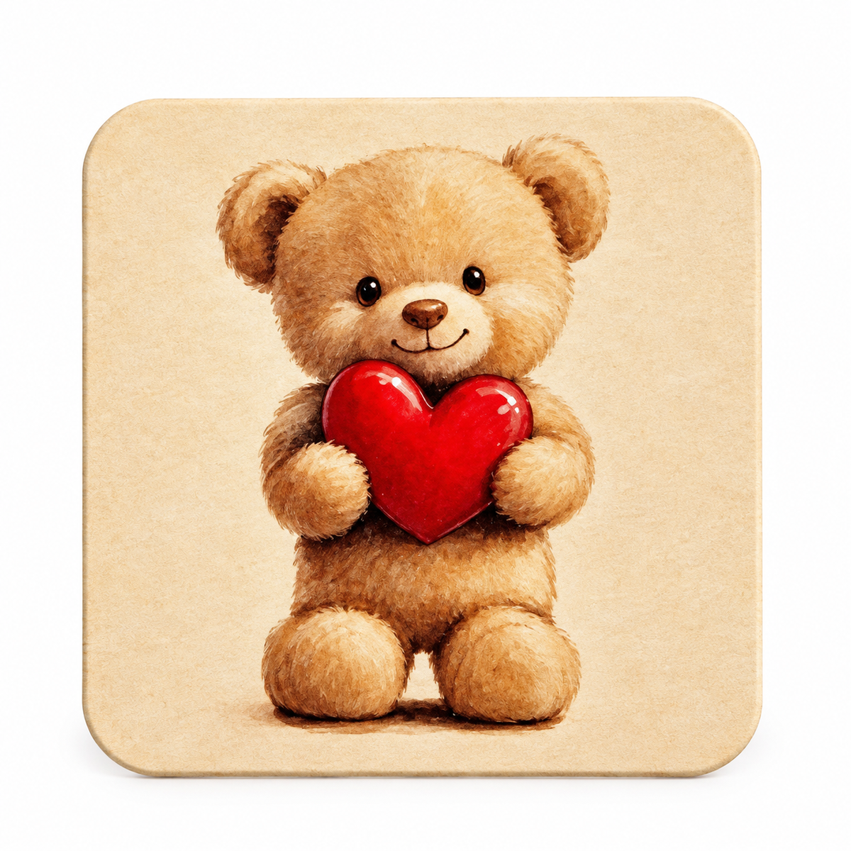 Vierkante onderzetter met een teddybeer die een rood hartje vasthoudt op een lichte achtergrond