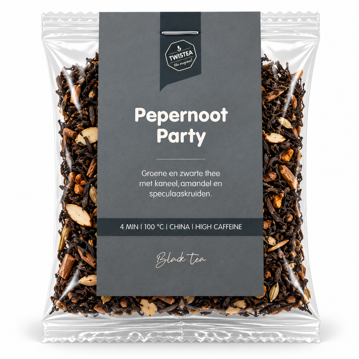 TwisTea Pepernoot Party losse thee met groene en zwarte thee, kaneel, amandel en speculaaskruiden in een transparante verpakking.