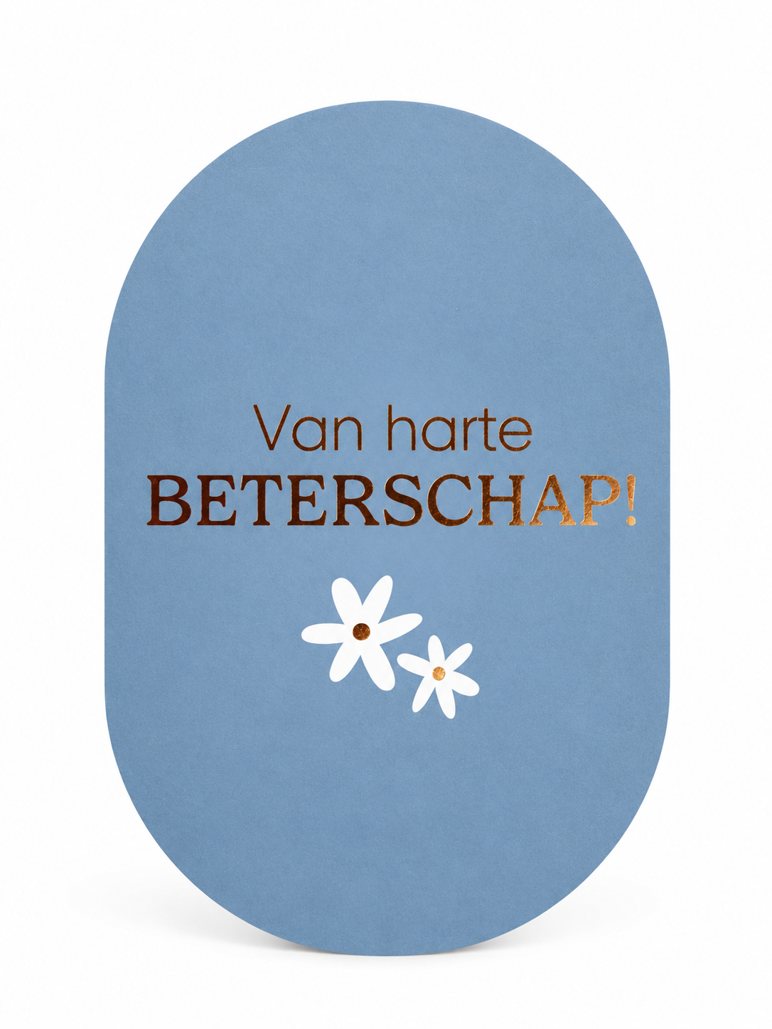 Blauw beterschapskaartje met de tekst Van harte beterschap en witte bloemetjes