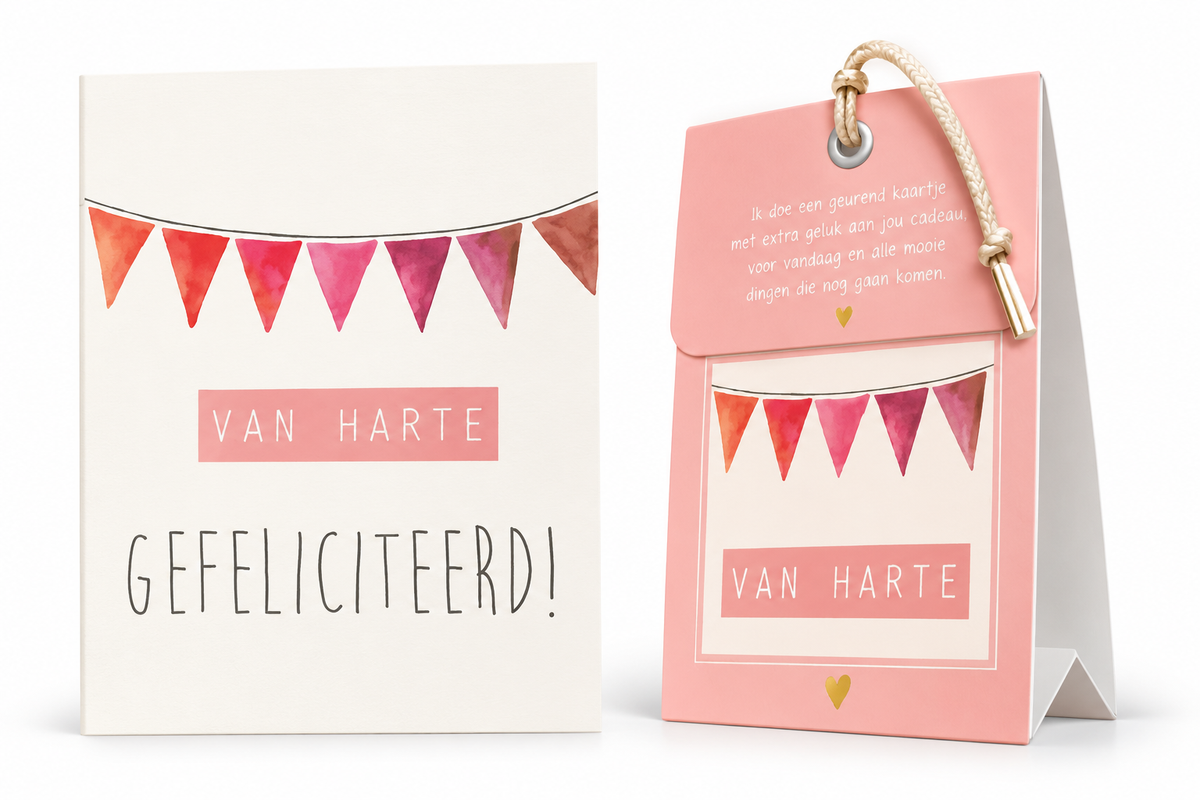 Geurende wenskaart Van Harte Gefeliciteerd met kleurrijke vlaggetjes en bijpassend roze kadotasje – origineel felicitatiecadeautje van The Prezzent.