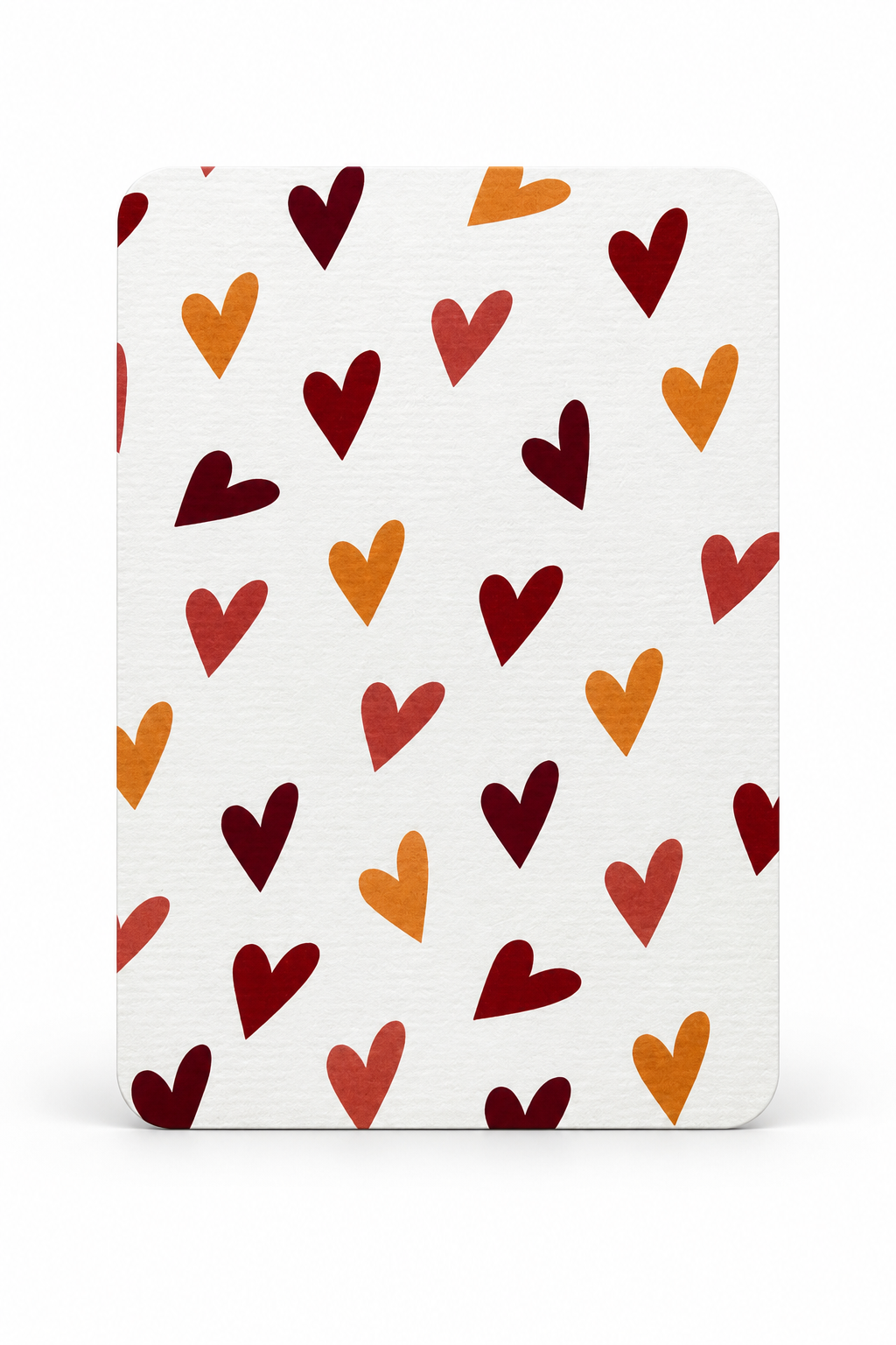 Witte cadeaukaart met hartjes in rood, bordeauxrood en oranje