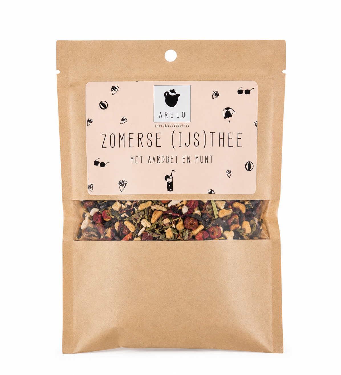 Zomerse ijsthee met aardbei en munt in een hersluitbare verpakking, perfect als cadeau of voor een luxe cadeaubox.