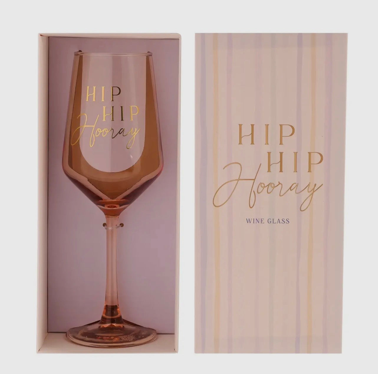 Roze Hip Hip Hooray wijnglas met gouden opdruk – feestelijk cadeau

