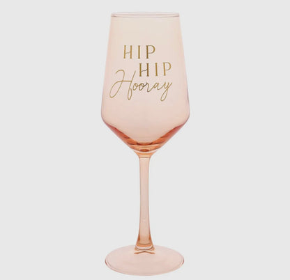 Roze Hip Hip Hooray wijnglas met gouden opdruk – feestelijk cadeau
