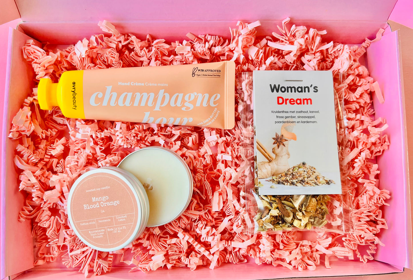 Brievenbus Cadeau – Klein Gebaar met Handcrème, Geurkaars & Thee