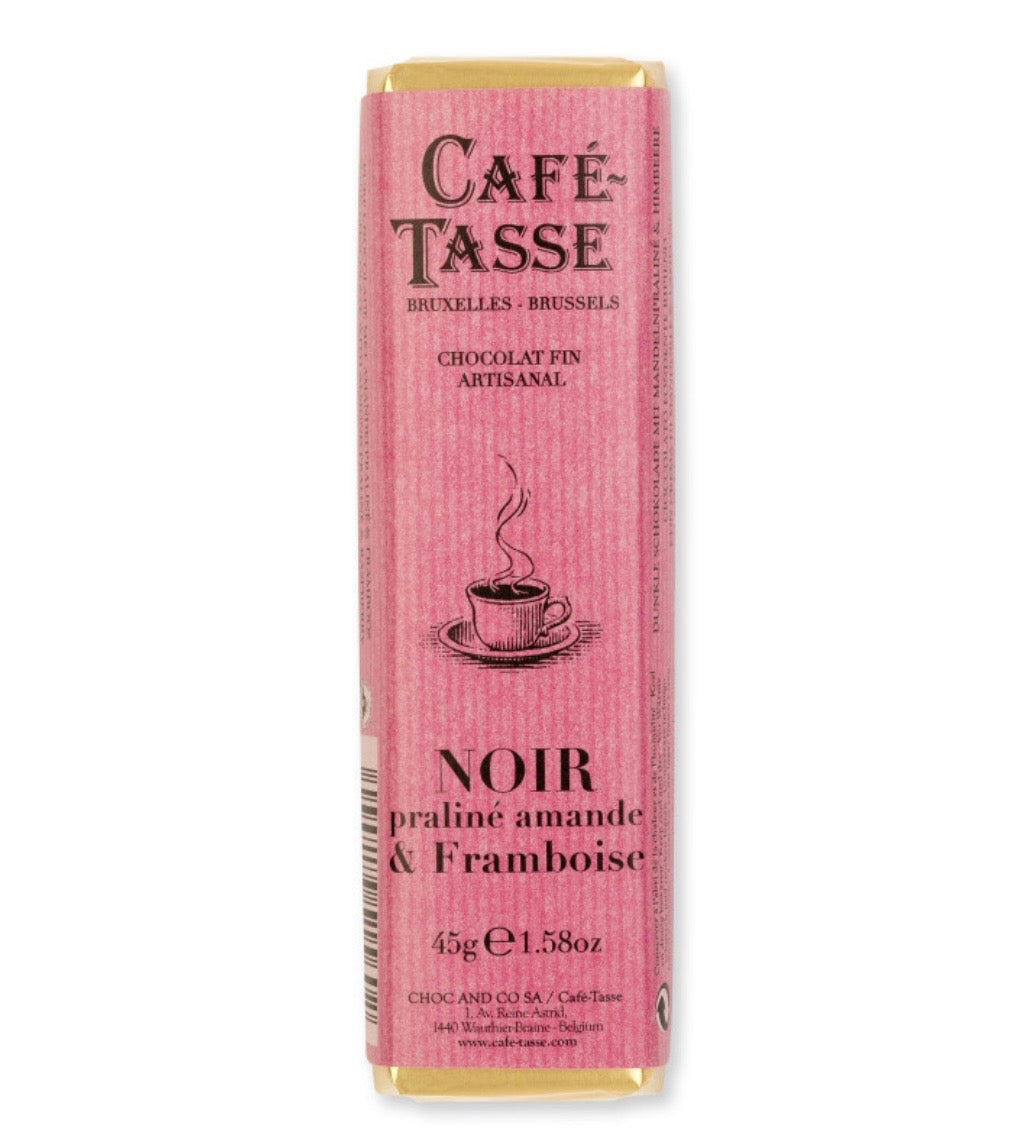 Pure chocolade reep met amandelpraliné en framboos – 45 gram