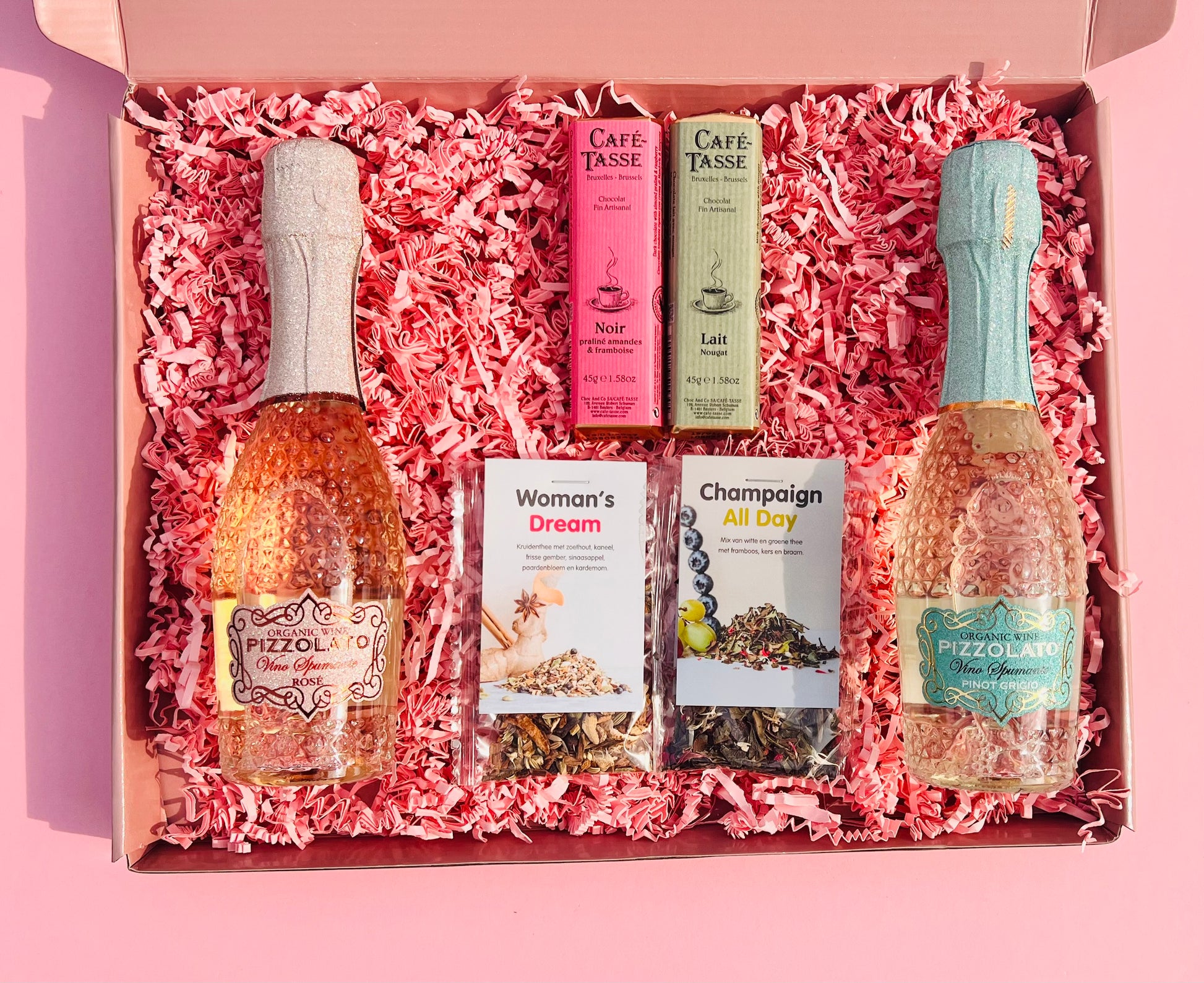 huwelijkscadeau liefde en geluk cadeaubox met rosé en thee