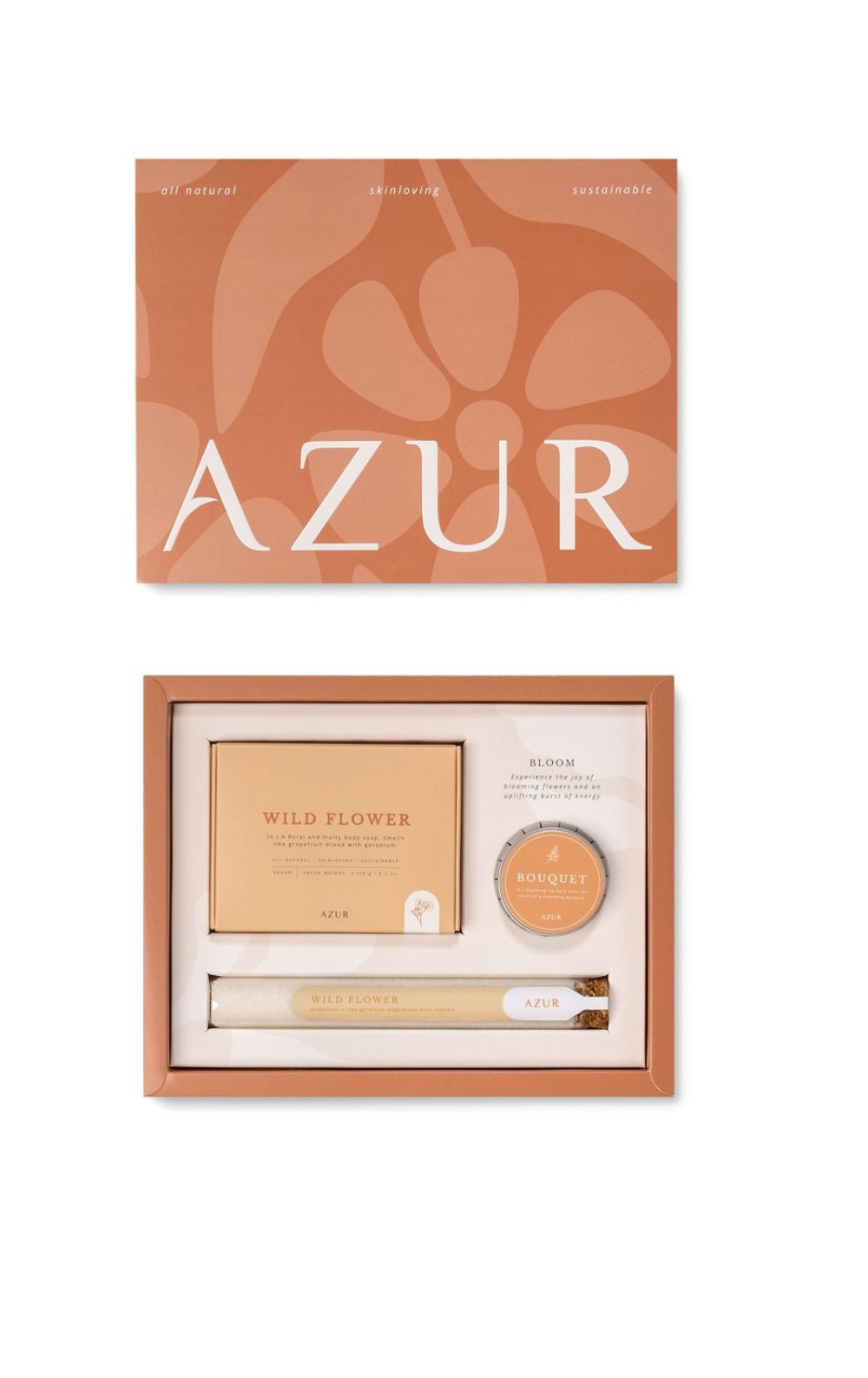 BLOOM zelfzorg set met natuurlijke zeep, lippenbalsem en badzout in duurzame geschenkdoos