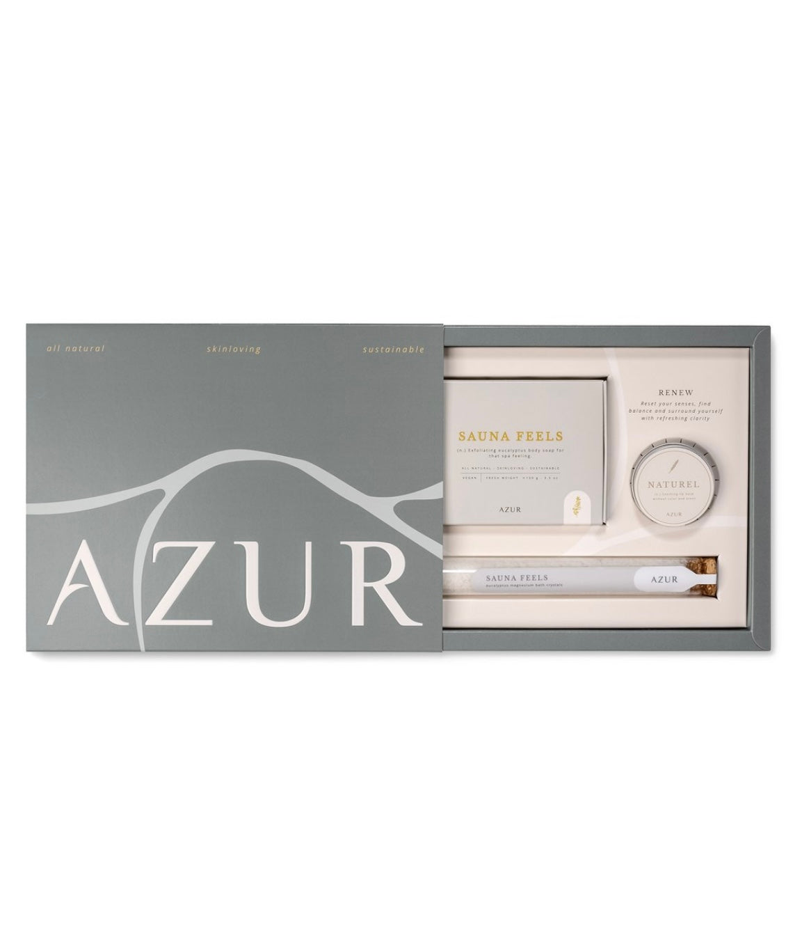 SAUNA FEELS cadeauset met zoutzeep, lippenbalsem en bath soak in natuurlijke verpakking
