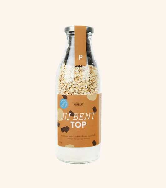 Pineut “Jij bent top” bakmix bananenbrood chocola in een glazen fles