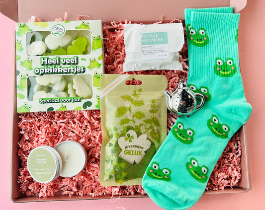 Beterschap brievenbus cadeaubox met groene kikker sokken, opkikker snoepjes, bergamot & zeezout geurkaars, eucalyptus douche steamer en complimenten thee – verwenmoment cadeau