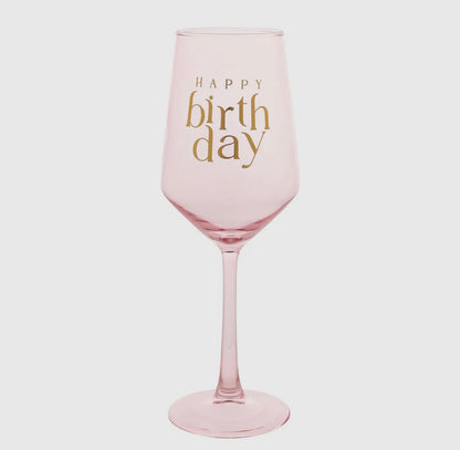 Happy Birthday roze wijnglas met gouden opdruk – luxe verjaardagscadeau