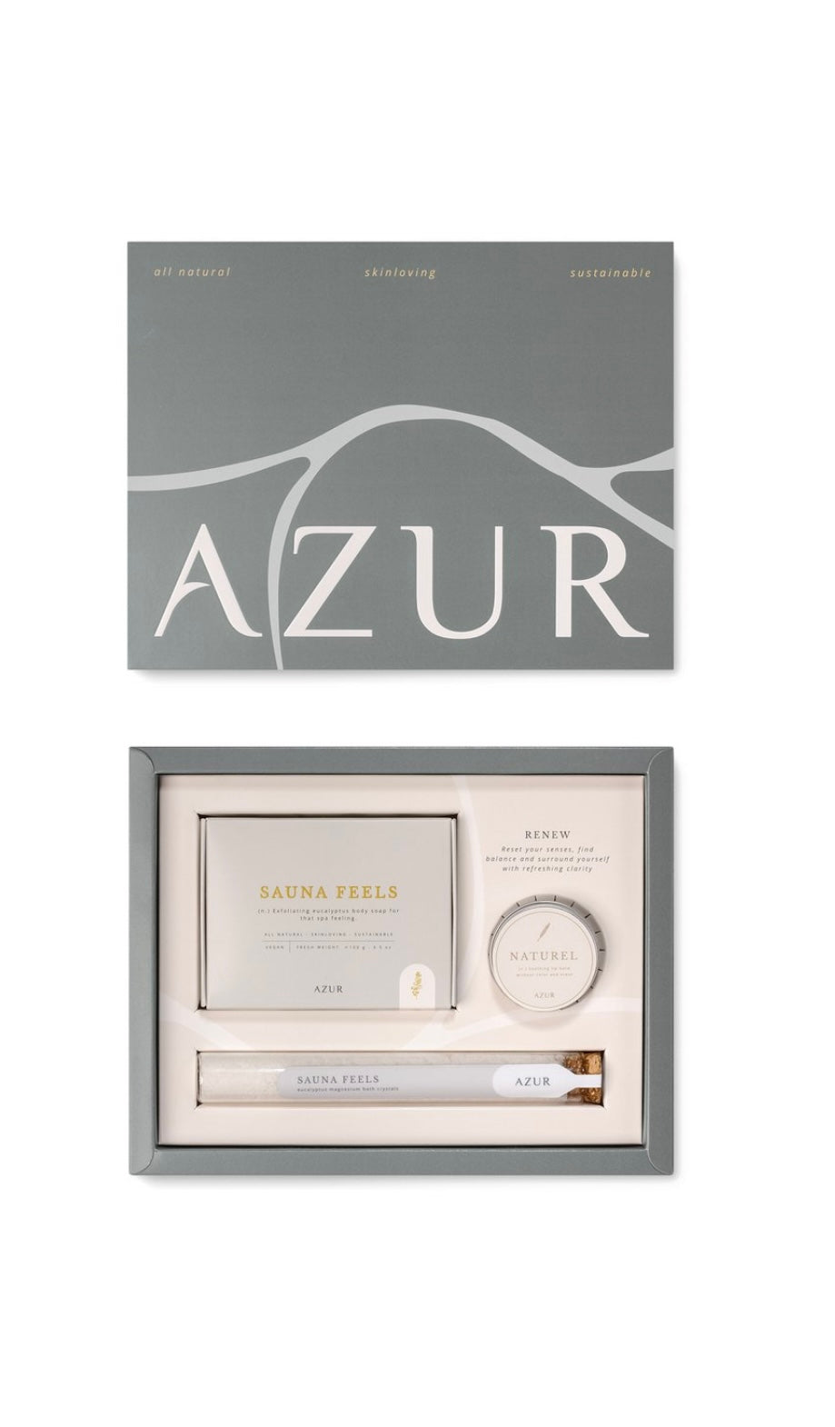 SAUNA FEELS cadeauset met zoutzeep, lippenbalsem en bath soak in natuurlijke verpakking
