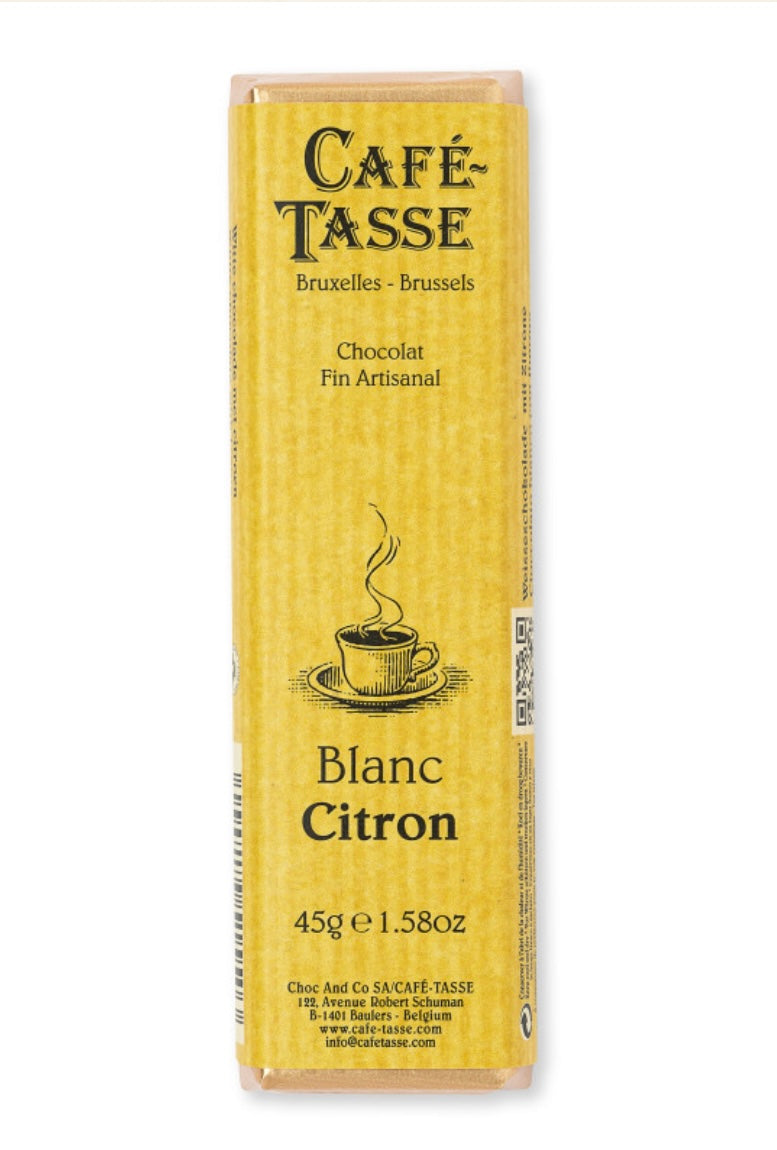 Café Tasse witte chocolade reep met citroenstukjes – luxe Belgische chocolade
