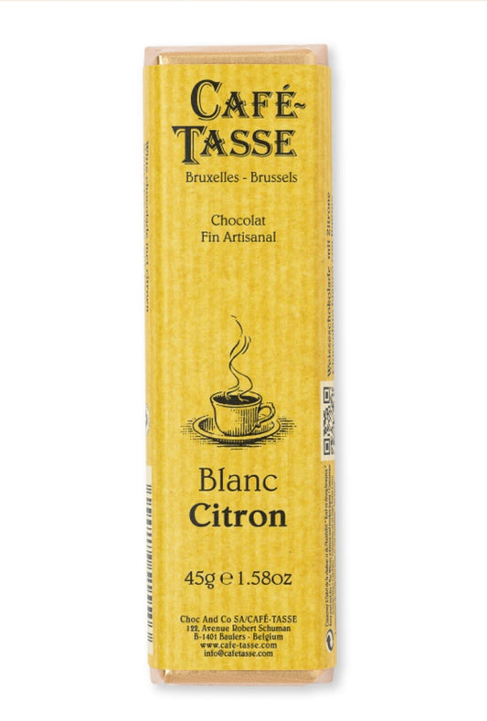 Café Tasse witte chocolade reep met citroenstukjes – luxe Belgische chocolade
