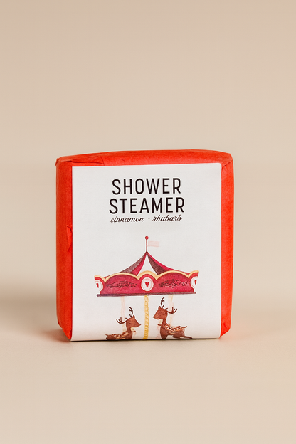 Douche Steamer Rabarber Cinnamon in feestelijke rode verpakking – aromatische kerst douche steamer.