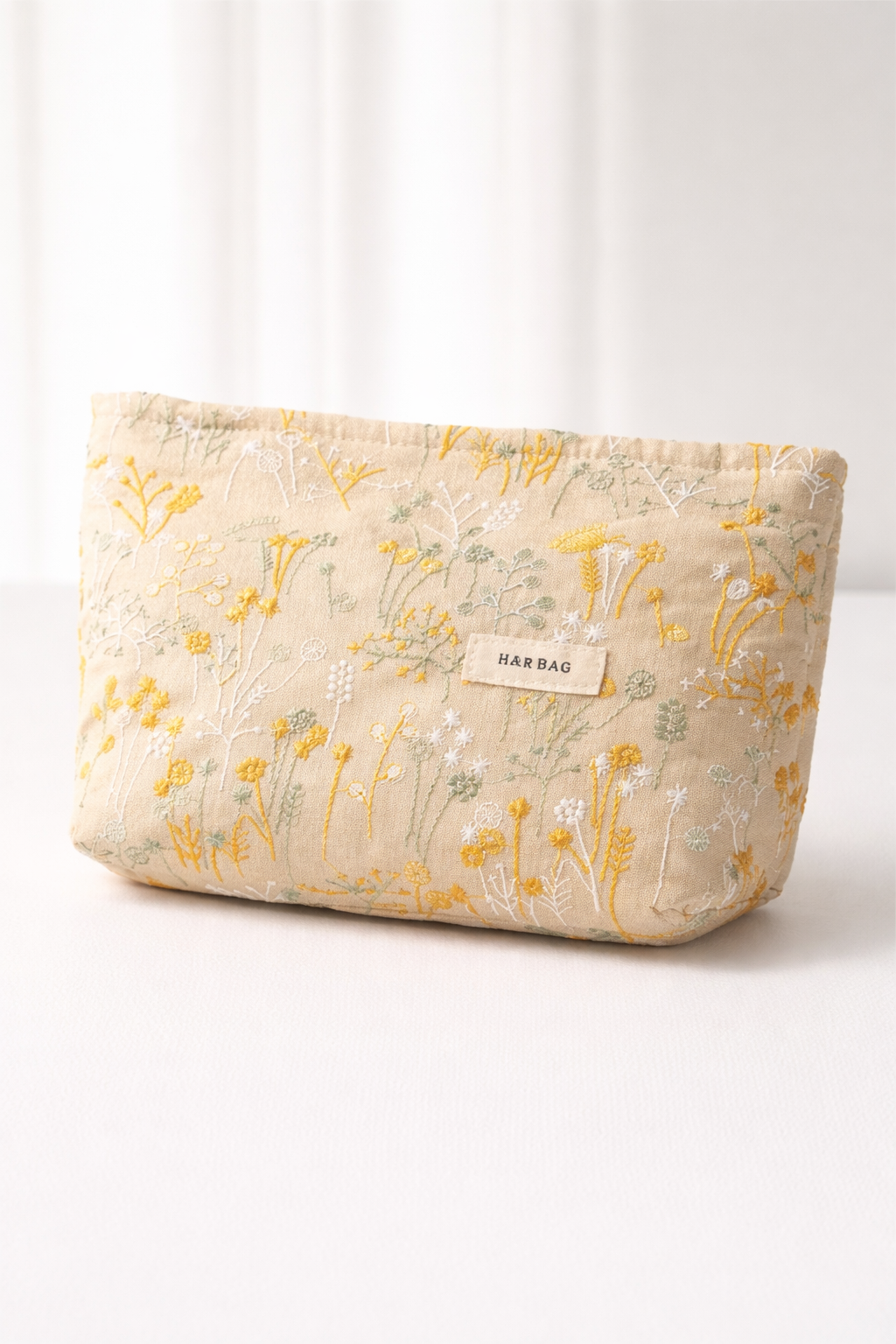 Make-up tas geel met bloemenprint, compacte beauty pouch met rits