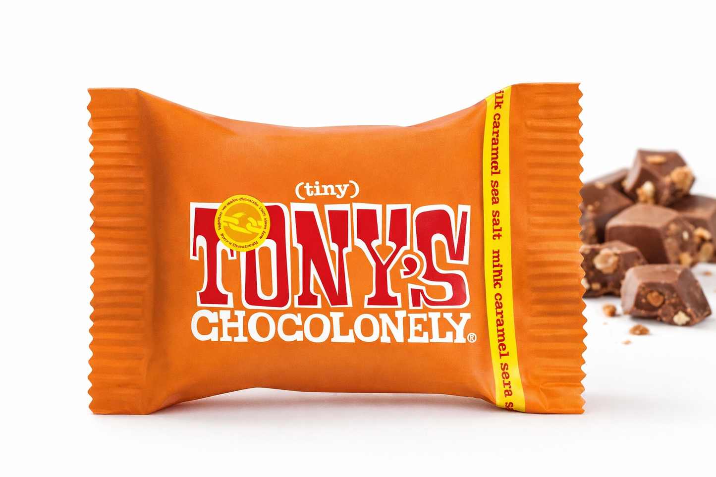 Tony’s Chocolonely tiny melk chocolade caramel zeezout mini chocoladereep
